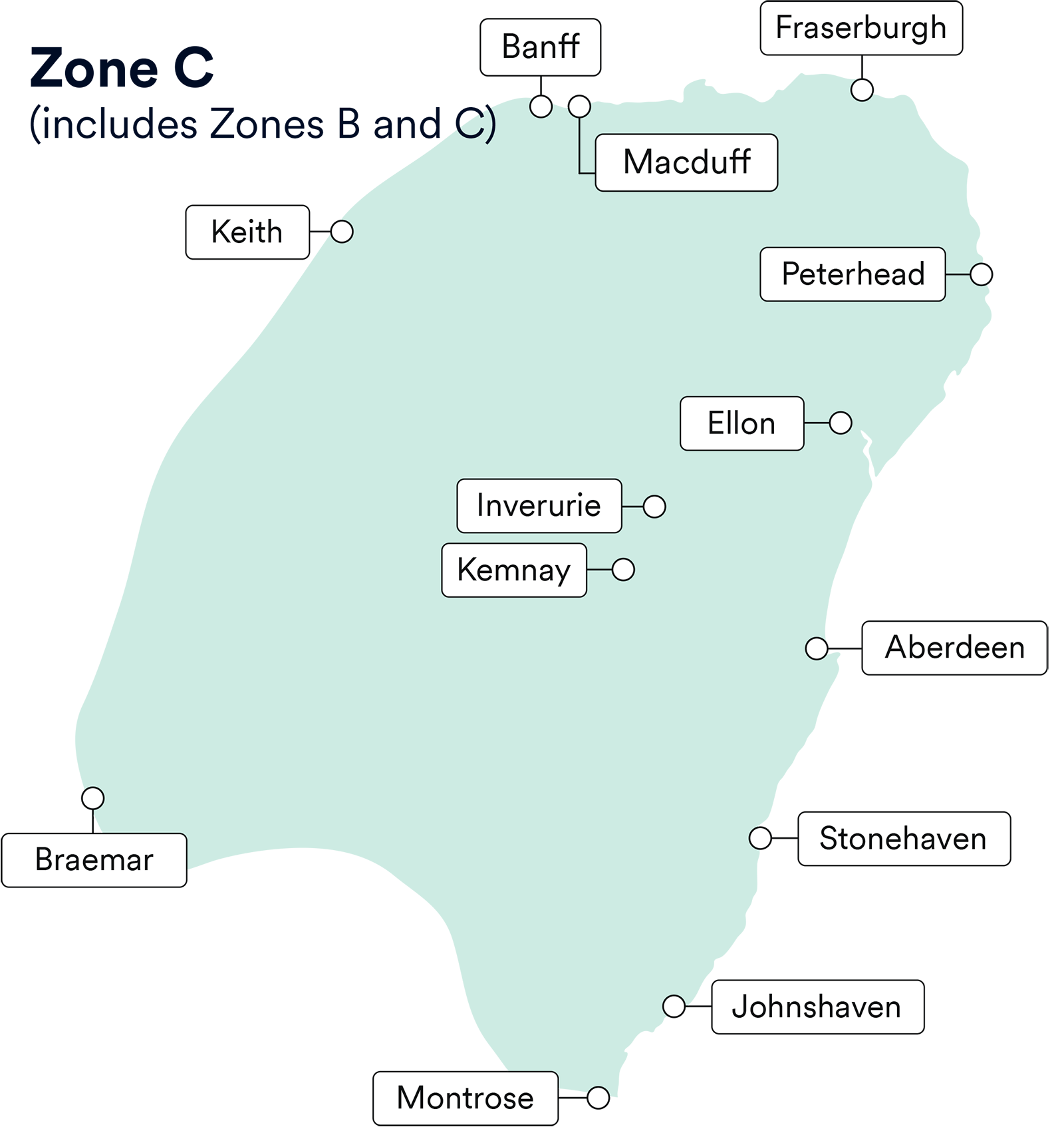 Map graphic showing region for zone 2 - Balmedie, Westhill, Drumoak and Portlethen.